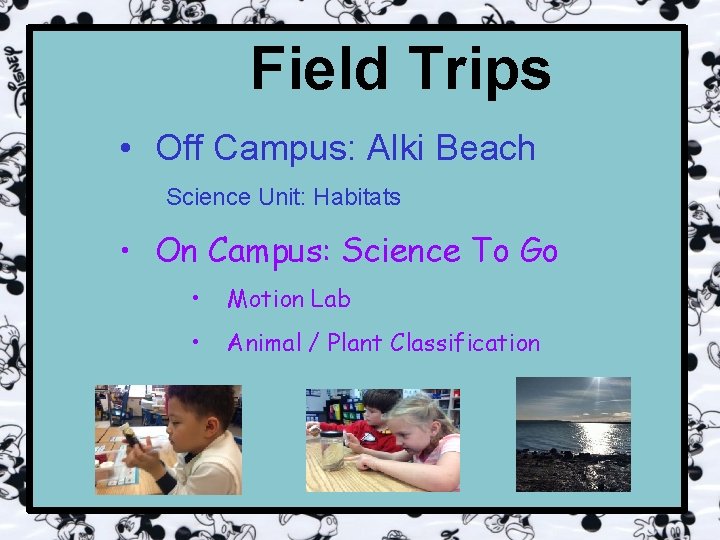 Field Trips • Off Campus: Alki Beach Science Unit: Habitats • On Campus: Science