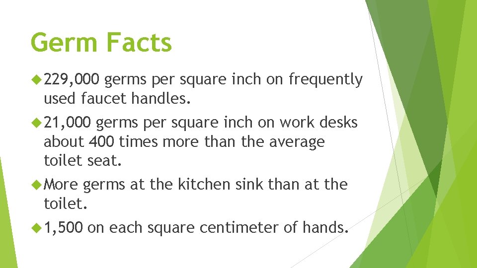 Germ Facts 229, 000 germs per square inch on frequently used faucet handles. 21,