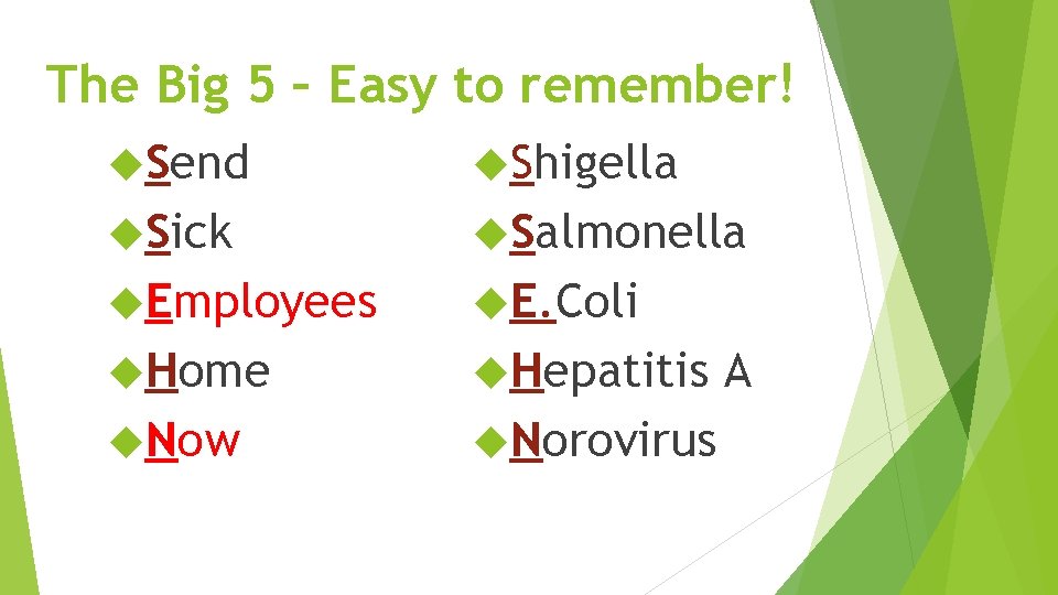 The Big 5 – Easy to remember! Send Shigella Sick Salmonella Employees E. Coli