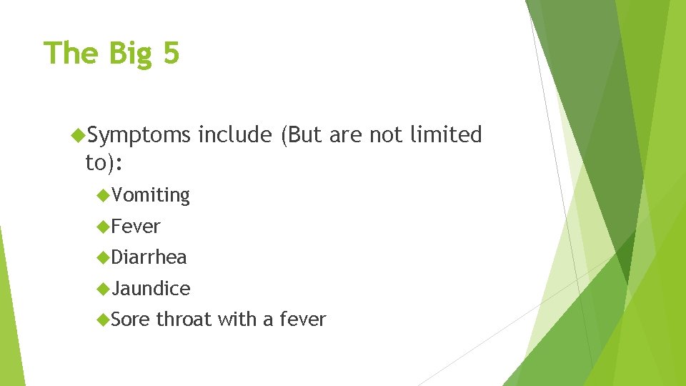 The Big 5 Symptoms include (But are not limited to): Vomiting Fever Diarrhea Jaundice The Big 5 Symptoms include (But are not limited to): Vomiting Fever Diarrhea Jaundice