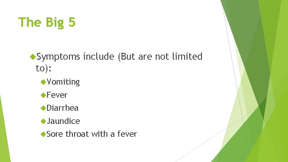 The Big 5 Symptoms include (But are not limited to): Vomiting Fever Diarrhea Jaundice