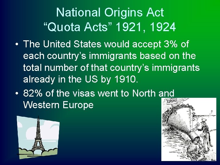National Origins Act “Quota Acts” 1921, 1924 • The United States would accept 3%