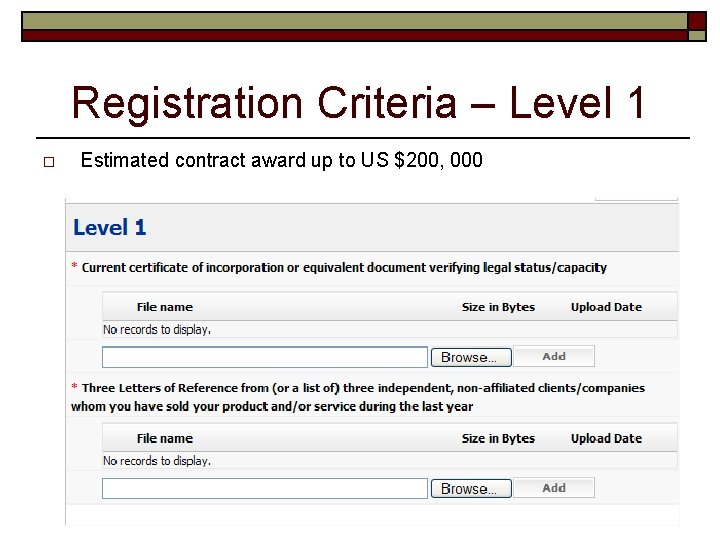 Registration Criteria – Level 1 o Estimated contract award up to US $200, 000
