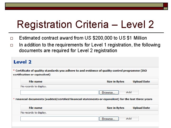 Registration Criteria – Level 2 o o Estimated contract award from US $200, 000