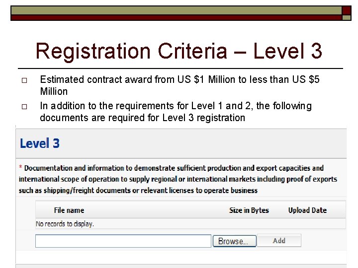Registration Criteria – Level 3 o o Estimated contract award from US $1 Million