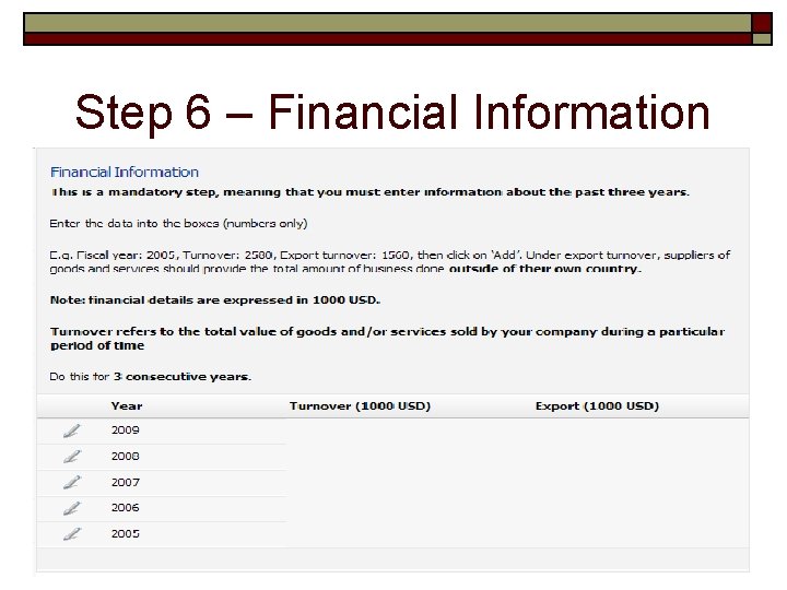 Step 6 – Financial Information 