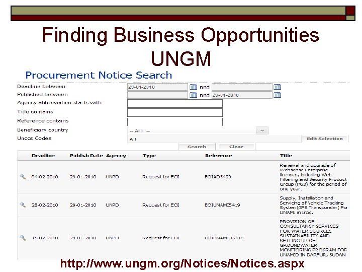 Finding Business Opportunities UNGM http: //www. ungm. org/Notices. aspx 