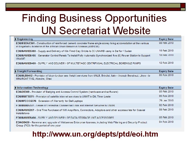 Finding Business Opportunities UN Secretariat Website http: //www. un. org/depts/ptd/eoi. htm 