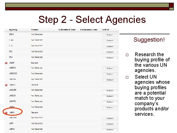 Step 2 - Select Agencies Suggestion! o o Research the buying profile of the