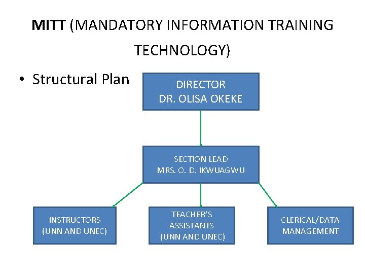 MITT (MANDATORY INFORMATION TRAINING TECHNOLOGY) • Structural Plan DIRECTOR DR. OLISA OKEKE SECTION LEAD