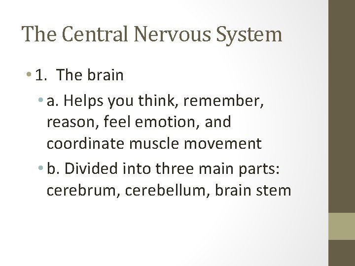 The Central Nervous System • 1. The brain • a. Helps you think, remember,