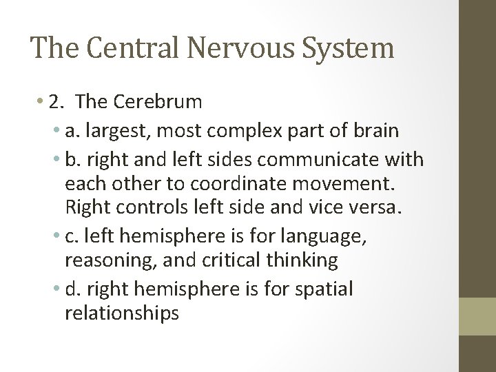 The Central Nervous System • 2. The Cerebrum • a. largest, most complex part