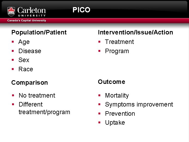 PICO Population/Patient Intervention/Issue/Action § § § Treatment § Program Age Disease Sex Race Comparison