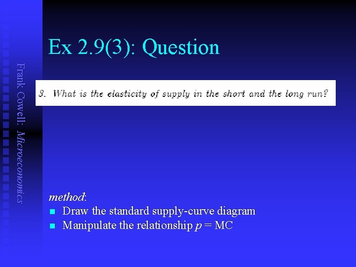 Ex 2. 9(3): Question Frank Cowell: Microeconomics method: n Draw the standard supply-curve diagram Ex 2. 9(3): Question Frank Cowell: Microeconomics method: n Draw the standard supply-curve diagram