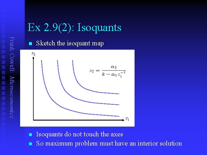Ex 2. 9(2): Isoquants Frank Cowell: Microeconomics n Sketch the isoquant map z 2 Ex 2. 9(2): Isoquants Frank Cowell: Microeconomics n Sketch the isoquant map z 2