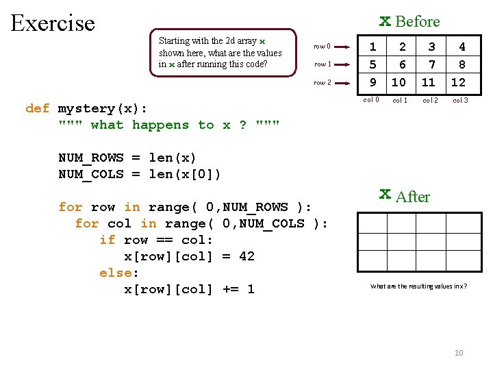 Exercise x Before Starting with the 2 d array x shown here, what are