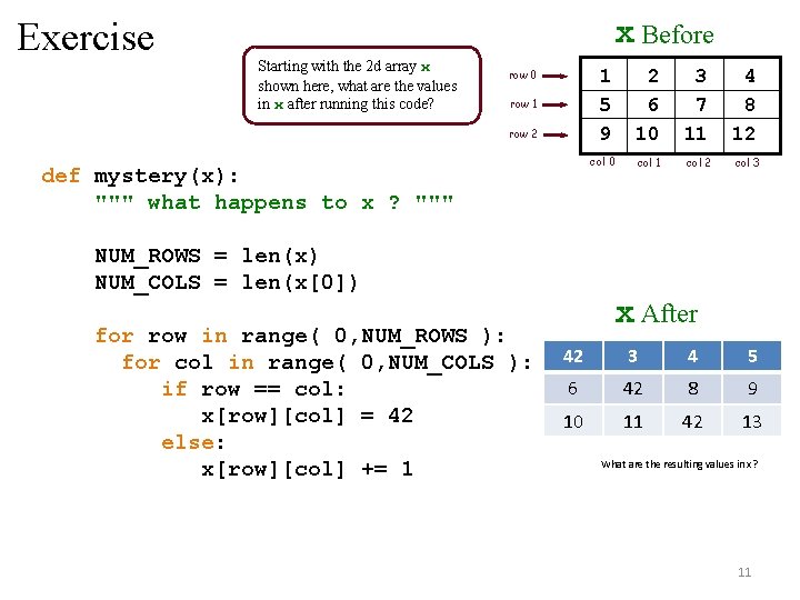 Exercise x Before Starting with the 2 d array x shown here, what are