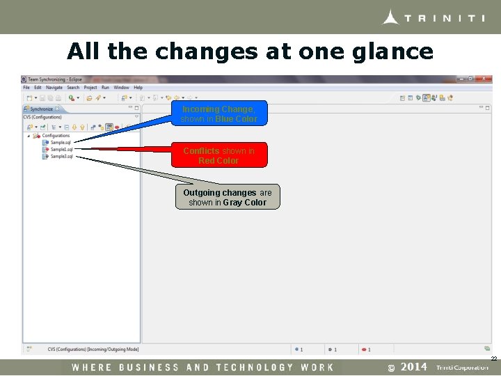 All the changes at one glance Incoming Change, shown in Blue Color Conflicts shown