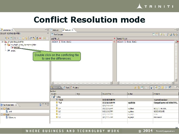 Conflict Resolution mode Double click on the conflicting file to see the differences. 24