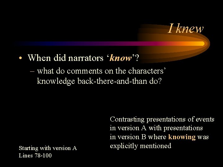 I knew • When did narrators ‘know’? – what do comments on the characters’