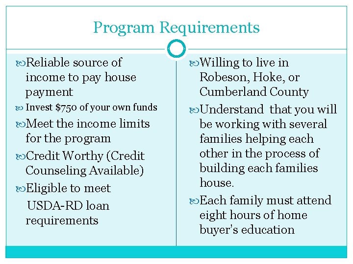 Program Requirements Reliable source of income to pay house payment Invest $750 of your