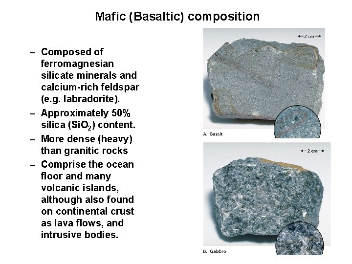 Mafic (Basaltic) composition – Composed of ferromagnesian silicate minerals and calcium-rich feldspar (e. g.