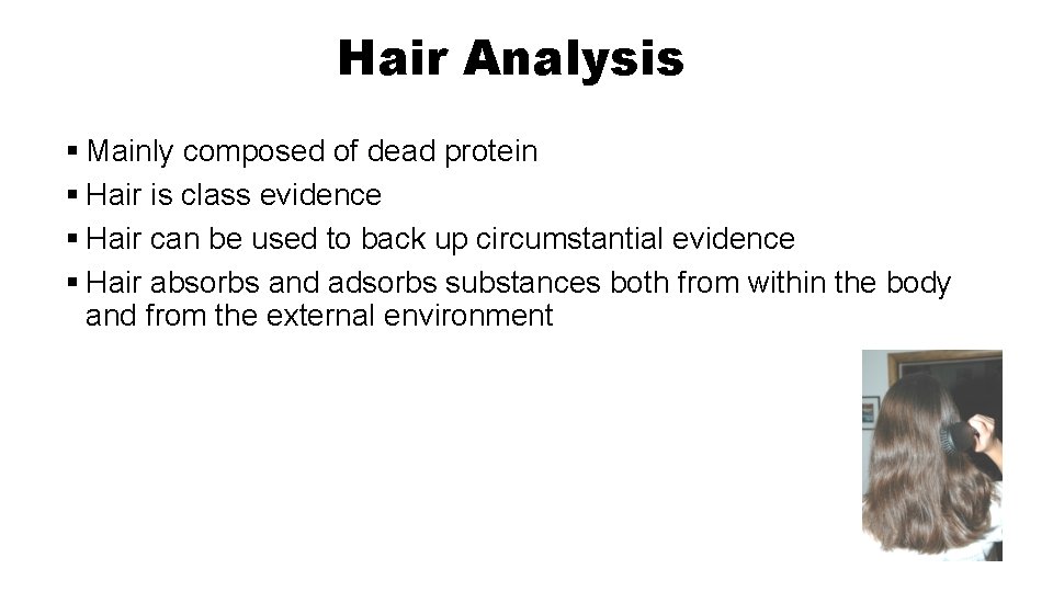 Hair Analysis § Mainly composed of dead protein § Hair is class evidence § Hair Analysis § Mainly composed of dead protein § Hair is class evidence §