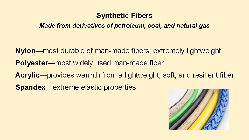 Synthetic Fibers Made from derivatives of petroleum, coal, and natural gas Nylon—most durable of