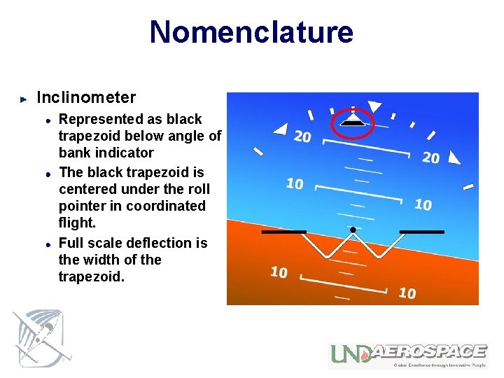 Nomenclature Inclinometer Represented as black trapezoid below angle of bank indicator The black trapezoid