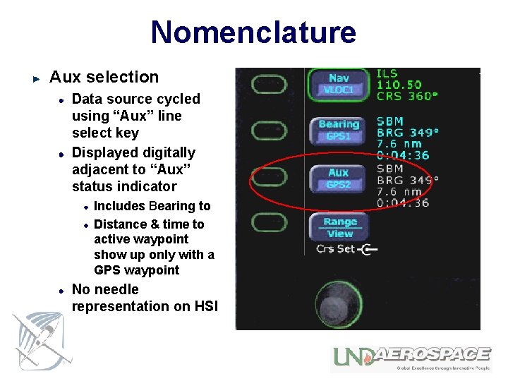 Nomenclature Aux selection Data source cycled using “Aux” line select key Displayed digitally adjacent