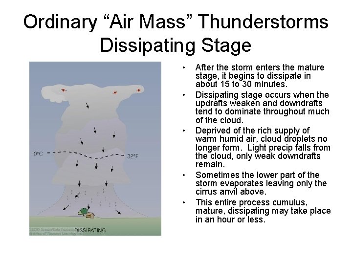 Ordinary “Air Mass” Thunderstorms Dissipating Stage • • • After the storm enters the