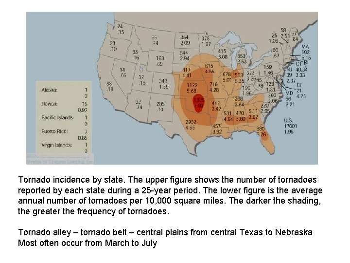 Tornado incidence by state. The upper figure shows the number of tornadoes reported by