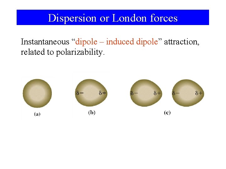Dispersion or London forces Instantaneous “dipole – induced dipole” attraction, related to polarizability. 