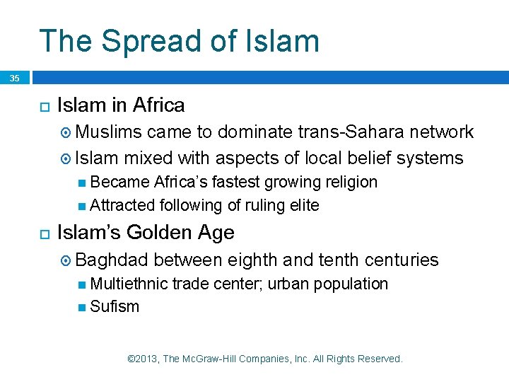The Spread of Islam 35 Islam in Africa Muslims came to dominate trans-Sahara network The Spread of Islam 35 Islam in Africa Muslims came to dominate trans-Sahara network