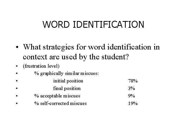 WORD IDENTIFICATION • What strategies for word identification in context are used by the