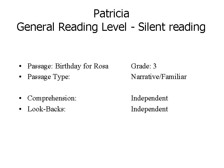 Patricia General Reading Level - Silent reading • Passage: Birthday for Rosa • Passage