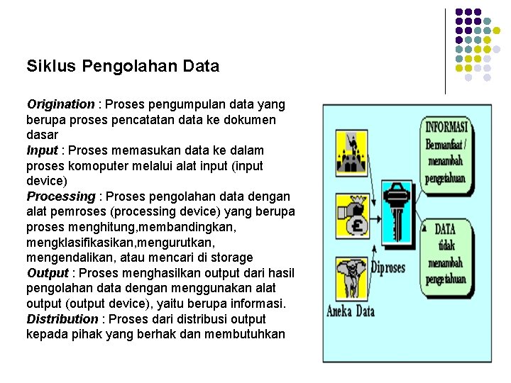 Siklus Pengolahan Data Origination : Proses pengumpulan data yang berupa proses pencatatan data ke