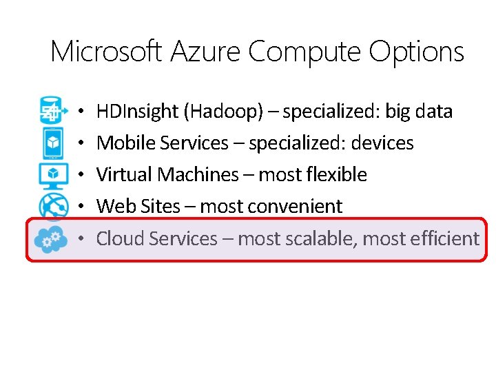 Microsoft Azure Compute Options • HDInsight (Hadoop) – specialized: big data • Mobile Services