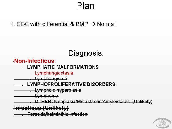 Plan 1. CBC with differential & BMP Normal Diagnosis: • Non-Infectious: • • • Plan 1. CBC with differential & BMP Normal Diagnosis: • Non-Infectious: • • •
