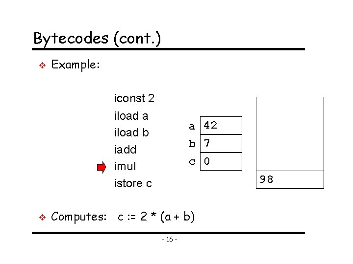 Bytecodes (cont. ) v Example: iconst 2 iload a iload b iadd imul istore