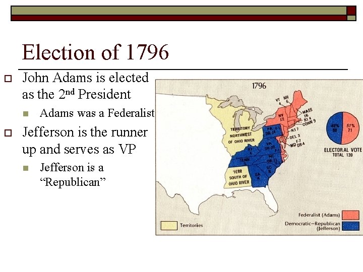 Election of 1796 o John Adams is elected as the 2 nd President n Election of 1796 o John Adams is elected as the 2 nd President n