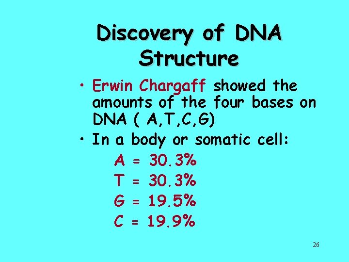 Discovery of DNA Structure • Erwin Chargaff showed the amounts of the four bases