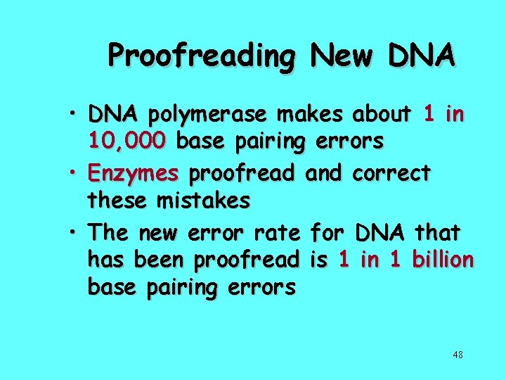 Proofreading New DNA • DNA polymerase makes about 1 in 10, 000 base pairing