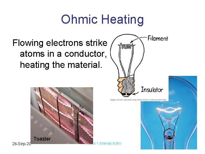 Ohmic Heating Flowing electrons strike atoms in a conductor, heating the material. 26 -Sep-20