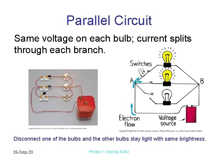 Parallel Circuit Same voltage on each bulb; current splits through each branch. Disconnect one