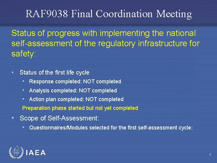 RAF 9038 Final Coordination Meeting Status of progress with implementing the national self-assessment of