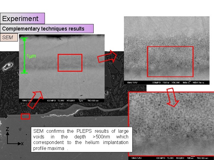 Experiment Complementary techniques results SEM 1 mm Z x SEM confirms the PLEPS results