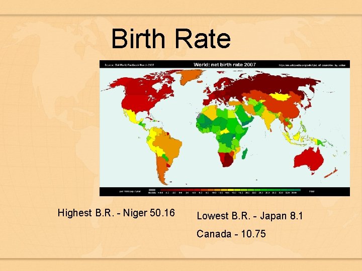 Birth Rate Highest B. R. - Niger 50. 16 Lowest B. R. - Japan