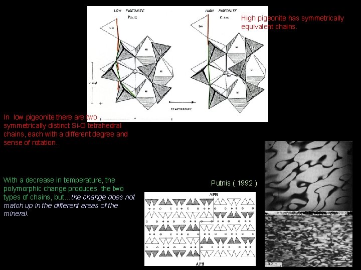 High pigeonite has symmetrically equivalent chains. In low pigeonite there are two symmetrically distinct