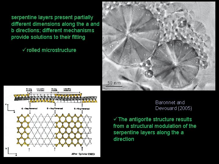 serpentine layers present partially different dimensions along the a and b directions; different mechanisms